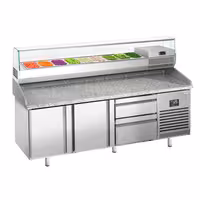 Table réfrigérée à pizza Premium PLUS - 1980x700 mm - avec 2 portes & 2 tiroirs - incl. vitrine réfrigérée - 9x GN 1/4