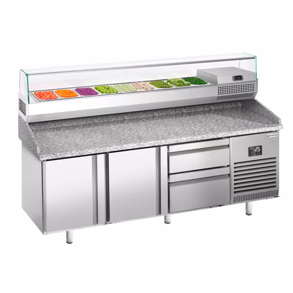Profesionāls Picas galds PREMIUM PLUS - 1980x700 mm - ar 2 durvīm un 2 atvilktnēm - ar granīta darba virsmu - ar augšējo aukstuma vitrīnu - 9x GN 1/4