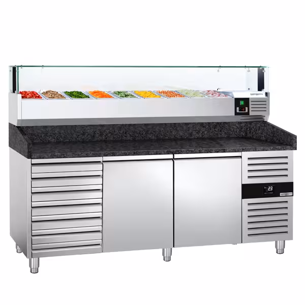 Stół chłodniczy do pizzy PREMIUM - 2025x800mm - z blatem granitowym - 2‑drzwiowy, 7 szuflad - z nadstawką chłodniczą z osłoną szklaną z oświetleniem LED - 9x GN 1/3