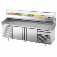 Table réfrigérée à pizza Premium PLUS - 2305 x 800 mm - avec 2 portes & 7 tiroirs - incl. vitrine réfrigérée de présentation - 10x GN 1/3