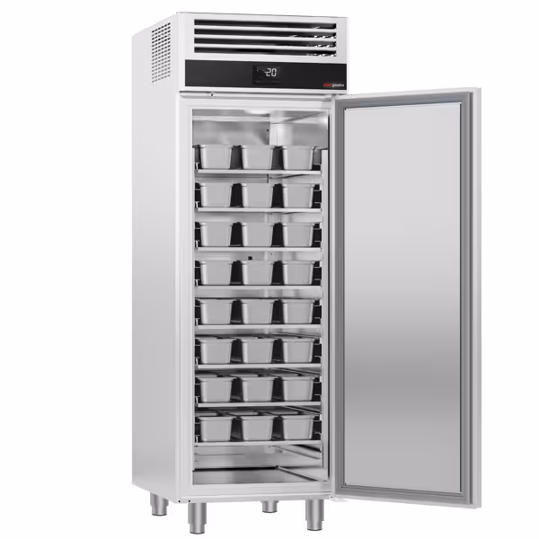 Szafa mroźnicza do lodów – stal nierdzewna – na pojemniki na lody 48x 5 L lub 32x 7 L – od -24 do -12 °C – z 1 drzwiami