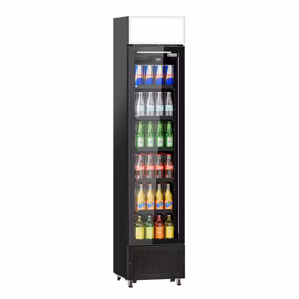 Vitrină frigorifică pentru băuturi - 435 mm - 145 litri - cu 1 ușă din sticlă batantă & panou promoțional - temperatură +1/+10 °C - negru