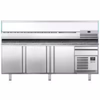 Stół chłodniczy do pizzy Premium PLUS – 2305 x 800 mm – z 3 drzwiami i 1 szufladą – wraz z witryną chłodniczą – 10 pojemników GN 1/3