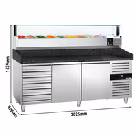 Table réfrigérée à pizza PREMIUM - 2000x800 mm - avec 2 portes & 7 tiroirs - incl. vitrine réfrigérée LED - 9x GN 1/3