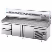 Table réfrigérée à pizza Premium PLUS - 2305 x 800 mm - avec 2 portes & 3 tiroirs - incl. vitrine réfrigérée de présentation - 10x GN 1/3