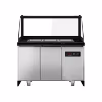 Saladette refrigerata professionale TORONTO - 1250mm - rivestimento frontale in legno - 2 porte - con vetrina in vetro dritto per 3x GN 1/1, 1 ripiano - piano di lavoro in granito nero