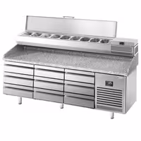طاولة تحضير بيتزا مبردة PREMIUM PLUS - 1980x700 mm - 9 أدراج - سطح عمل جرانيت - شامل وحدة تبريد علوية - 9x GN 1/4