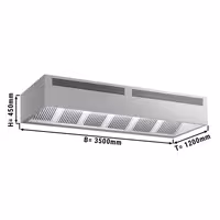 Campana central profesional con inducción de aire - 3500x1200x450mm - sin motor - con filtros de lamas - LED - bandeja recogegrasas