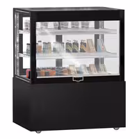 Commercial cake display fridge MADRID Self-Service - 435L - 1000mm - Double glazing - square - with 2 glass shelves - rear sliding doors - incl. night curtain - for patisserie - Black matt