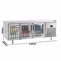 Stół chłodniczy barowy do napojów Premium PLUS – przelotowy – 2185 x 800 mm – EN 600 x 400 – z 3 drzwiami szklanymi – do cukierni i piekarni