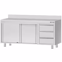 ECO radni ormar od nehrđajućeg čelika – 1800 x 700 mm – s 3 ladice na desnoj strani i zaštitnim zidom