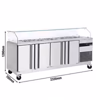 Stół chłodniczy sałatkowy PREMIUM – 2330 mm – z 4 drzwiami – z kanciastą nadstawką szklaną na 10x GN 1/6