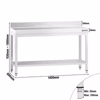 طاولة عمل ستانلس ستيل PREMIUM - 1400x800mm - مع رف سفلي & حاجز خلفي