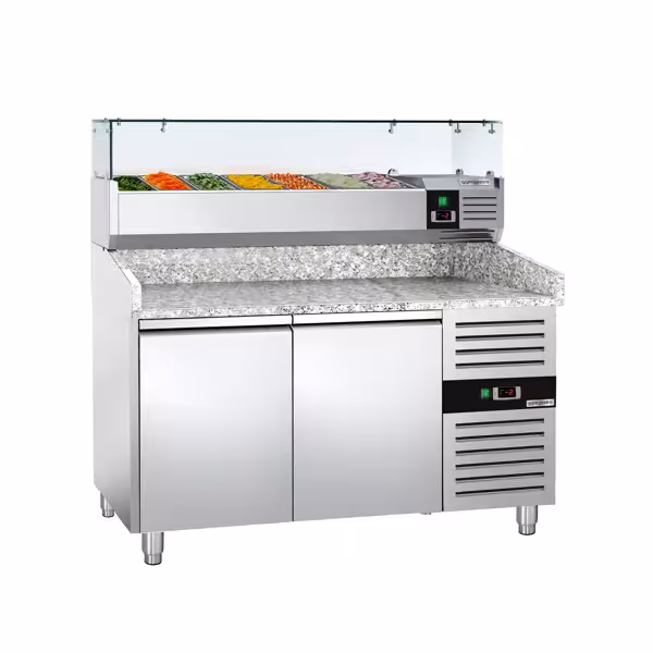 Stół chłodniczy do pizzy ECO - 1500x800mm - z blatem granitowym - 2‑drzwiowy - z nadstawką chłodniczą z osłoną szklaną - 7x GN 1/4