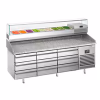 Pizzapult PREMIUM PLUS - 1980x700 mm - feltéthűtővel - 9x GN 1/4 - gránit munkalappal