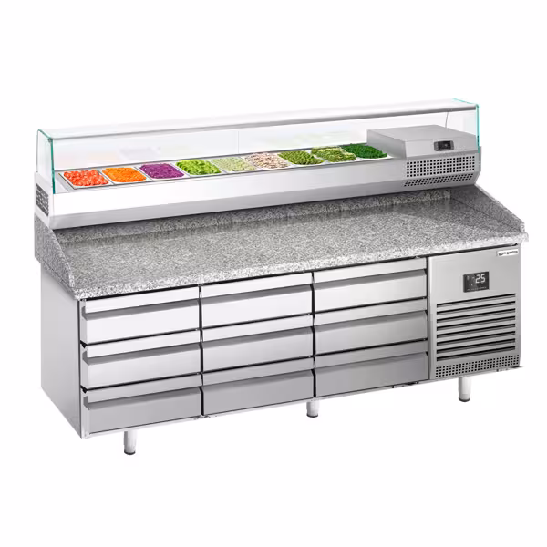 Picas galds Profesionāls PREMIUM PLUS - 1980x700 mm - ar 9 atvilktnēm - ar granīta darba virsmu - ar augšējo aukstuma vitrīnu - 9x GN 1/4