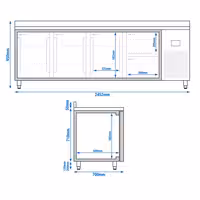 Külmtöölaud PREMIUM PLUS - 2452x700 mm - 625 l - ventileeritud jahutus - koos 3 uksega - Tagaserv