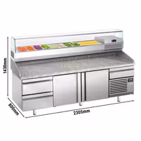Table réfrigérée à pizza Premium PLUS - 2305 x 800 mm - avec 2 portes & 3 tiroirs - incl. vitrine réfrigérée de présentation - 10x GN 1/3