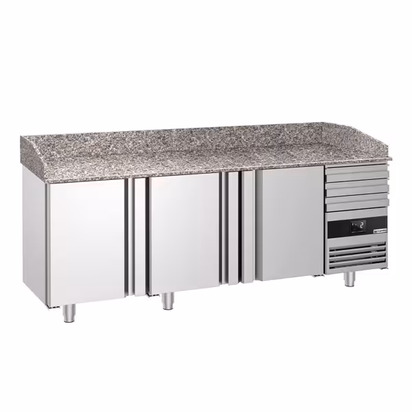 Stół chłodniczy do pizzy PREMIUM – 2150 x 800 mm – z 3 drzwiami i 3 szufladami