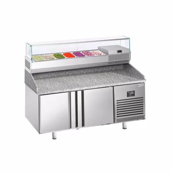Pitsa külmtöölaud PREMIUM PLUS - 1738x800 mm - graniidist tööpinnaga - koos 2 uksega - koos külmvitriiniga - 7x GN 1/4