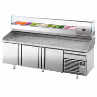 Table réfrigérée à pizza Premium PLUS - 2305x800 mm - avec 3 portes & 1 tiroir - incl. vitrine réfrigérée - 11x GN 1/4