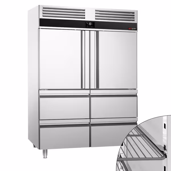 Szafa mroźnicza PREMIUM – stal nierdzewna – GN 2/1 – 1400 L – z 2 półdrzwiami i 4 szufladami