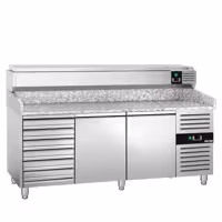 Stół chłodniczy do pizzy PREMIUM - 2025x800mm - z blatem granitowym - 2‑drzwiowy, 7 szuflad - z nadstawką chłodniczą z osłoną szklaną z oświetleniem LED - 9x GN 1/3
