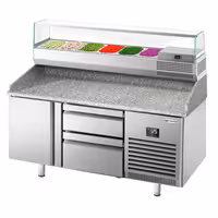 Table réfrigérée à pizza Premium PLUS - 1490x700 mm - avec 1 porte & 2 tiroirs - incl. vitrine réfrigérée - 6x GN 1/4
