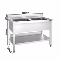 Stół zlewozmywakowy PREMIUM – stal nierdzewna – 1200 x 600 mm – z półką dolną – ze zlewem 2-komorowym pośrodku – z rantem