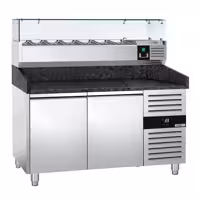 Table réfrigérée à pizza PREMIUM - 1500 x 800 mm - avec 2 portes - incl. vitrine réfrigérée - 7 x GN 1/4