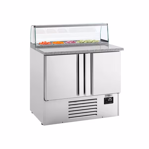 Stół chłodniczy sałatkowy PREMIUM PLUS - 978mm - 230L - 2 drzwi - z nadstawką szklaną - blat roboczy z czarnego granitu
