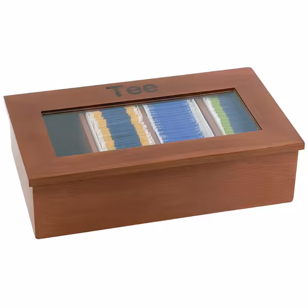 Téibox – Holz – 4 Fächer – mat Kuckfenster & Gravur – donkelbrong