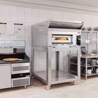 Gas Deck Pizza Oven - Single Deck - Refractory Stone Deck - 6 x Ø 34cm (13.4") - 230V Single Phase - Mechanical Controls - up to 450°C - incl. Stainless steel hood, Base frame & Wheels set
