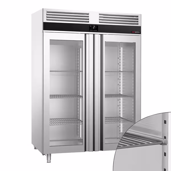 Szafa chłodnicza PREMIUM – stal nierdzewna – GN 2/1 – 1400 L – z 2 drzwiami szklanymi – z izolacją 60 mm