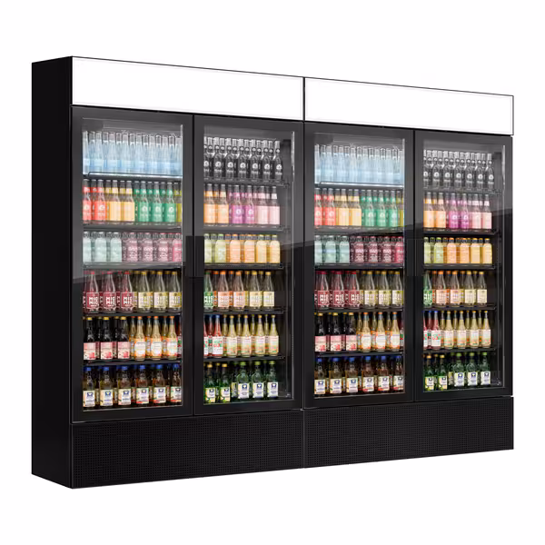 (2 pz) Vetrina frigo per bibite - 2400mm - 2400l - porta in vetro senza cornice - con 4 porte in vetro & cassonetto pubblicitario illuminato & illuminazione LED - Nero