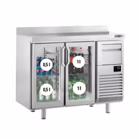 Stół chłodniczy barowy do napojów Premium PLUS – 1470 x 600 mm – z 2 drzwiami szklanymi, rantem i odbijakiem do kawy
