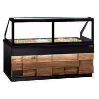 Saladette refrigerata professionale TORONTO - 2550mm - rivestimento frontale in legno - 4 porte - con vetrina in vetro dritto per 6x GN 1/1, 1 ripiano - piano di lavoro in granito