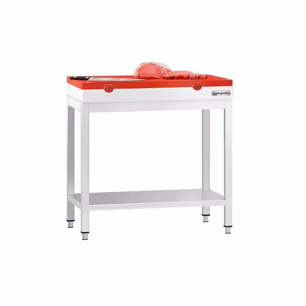 Arbetsbänk i rostfritt stål PREMIUM - 700x600 mm - med underhylla - inkl. skärbräda röd