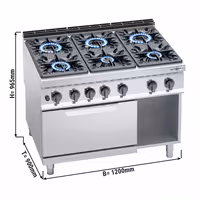 Plinski štednjak - Linija 900 - 1200x900x965 mm - 53,5 kW - 6 plamenika - samostojeći - s plinskom pećnicom statičnom - 7,8 kW - GN 2/1