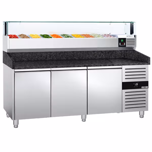 Stół chłodniczy do pizzy PREMIUM – 2000 x 800 mm – z 3 drzwiami – z witryną nadstawną chłodniczą LED na 10x GN 1/4