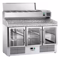 Pizzakylbänk ECO - 1400x700 mm - 3 glasdörrar - inkl. kylränna - 6x GN 1/4