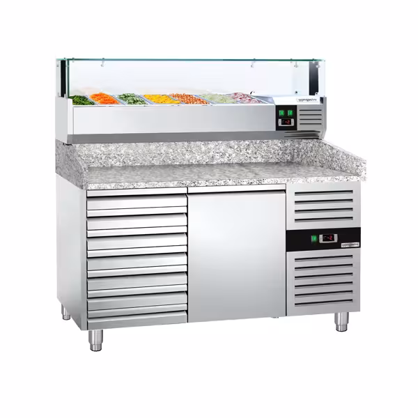 Stół chłodniczy do pizzy ECO – 1500 x 800 mm – z 1 drzwiami i 7 szufladami – z witryną nadstawną chłodniczą LED na 7x GN 1/4