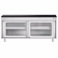 Rozsdamentes acél munkaszekrény PREMIUM – 1800x600 mm – üveges tolóajtóval – gránit munkalapmal