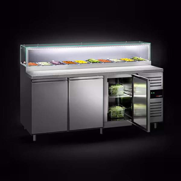 Stół chłodniczy sałatkowy American Style PREMIUM - 2020mm - 580L - 3 drzwi - z nadstawką szklaną - z otworem na 10x GN 1/3