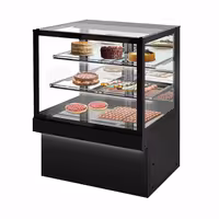 Commercial cake display fridge TORONTO - 1300mm - Double glazing - square - with 3 shelves - rear sliding mirrored glass doors - black front