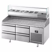 Table réfrigérée à pizza Premium PLUS - 1490x700 mm - avec 4 tiroirs - incl. vitrine réfrigérée - 6x GN 1/4