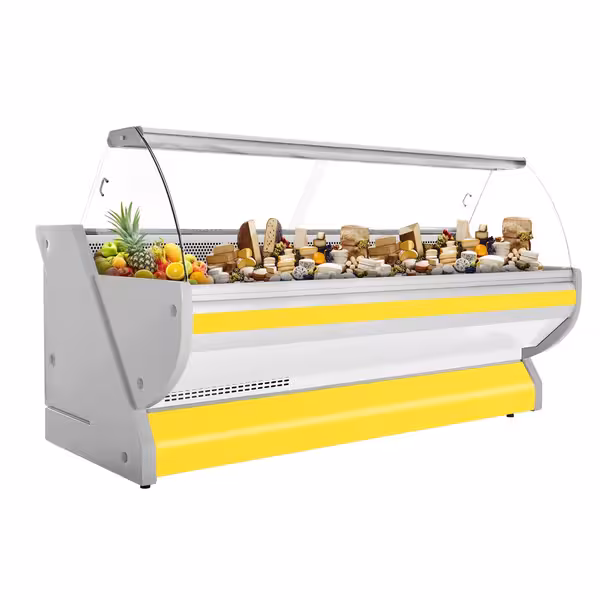 Csemegepult - 2965x1150 mm - 570 liter - statikus - hajlított frontüveges - sárga - gránit munkalap