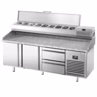 Pizzapult PREMIUM PLUS - 1980x700 mm - 2 ajtó + 2 fiók - feltéthűtővel - 9x GN 1/4 - gránit munkalappal