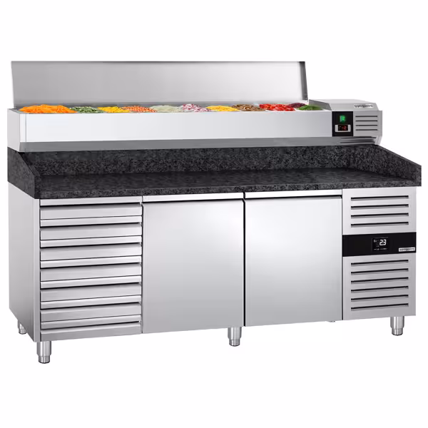 Stół chłodniczy do pizzy PREMIUM - 2025x800mm - z blatem granitowym - 2‑drzwiowy, 7 szuflad - z nadstawką chłodniczą - 10x GN 1/4