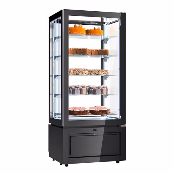 4-Sided Glass Display Fridge - 457L - 805mm - with 5 glass shelves - 1 glass door front - for patisserie - Black